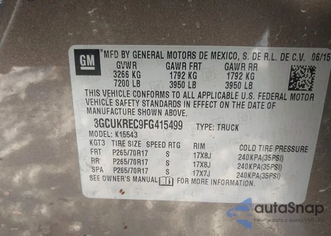 2015 Chevrolet Silverado 1500 1Lt z USA, uszkodzony, nr VIN 3GCUKREC9FG415499